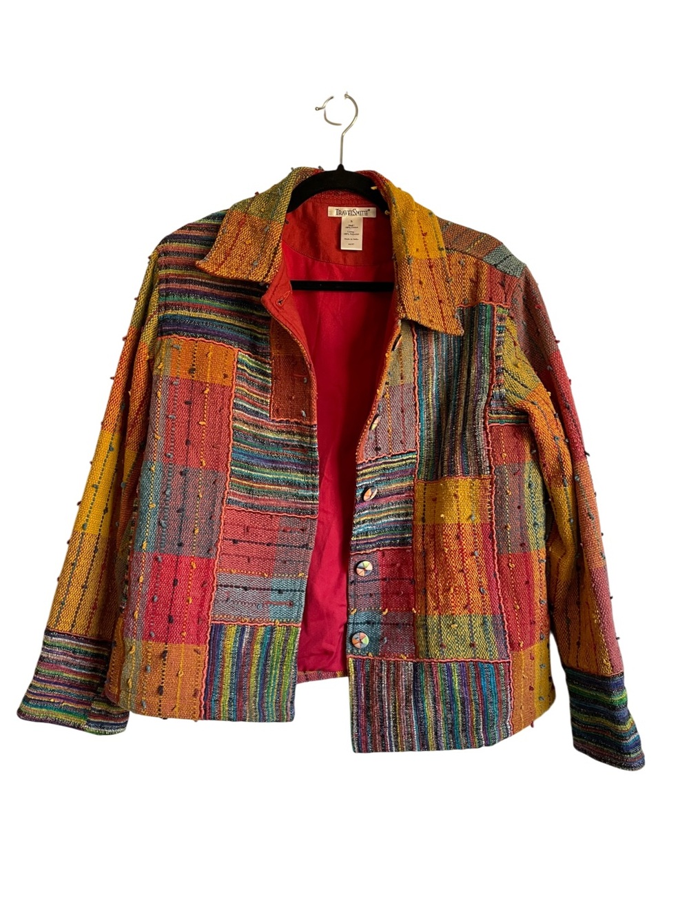 Vintage TravelSmith Multicolor Patchwork Jean Jacket with Red Lining